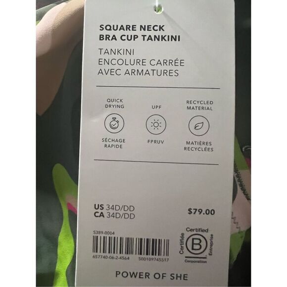 Athleta Women's Deep Fern Floral Square Neck Bra Cup Tankini Top Green 34D/DD - Picture 6 of 6